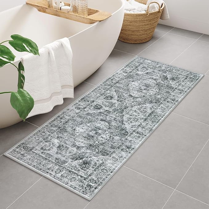 Uphome Bathroom Runner, Distressed Tribal Farmhouse Gray Bathroom Mat, Large Bath Rugs Non Slip Washable, Oriental Retro Boho Bath Mat Runner for Bathtub Sink Laundry, 24x59 inch