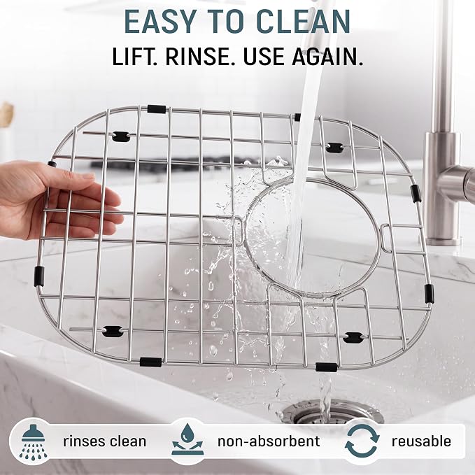 Granatan Kitchen Sink Grid 11.26 x 14.5 Inch, Rear-Center Drain | Stainless Steel Protector Rack with Vinyl Feet for Flat Base Basins