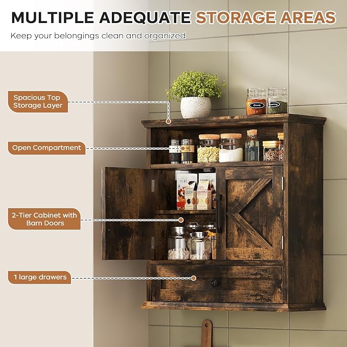 Bathroom Wall Cabinet, Wall Mounted Medicine Cabinet 24.4"H x 23.6"W x 9"D | With Drawer, Barn Doors & Adjustable Shelf, Rustic Brown Over Toilet Farmhouse Cabinet for Kitchen, Laundry Room, Entryway