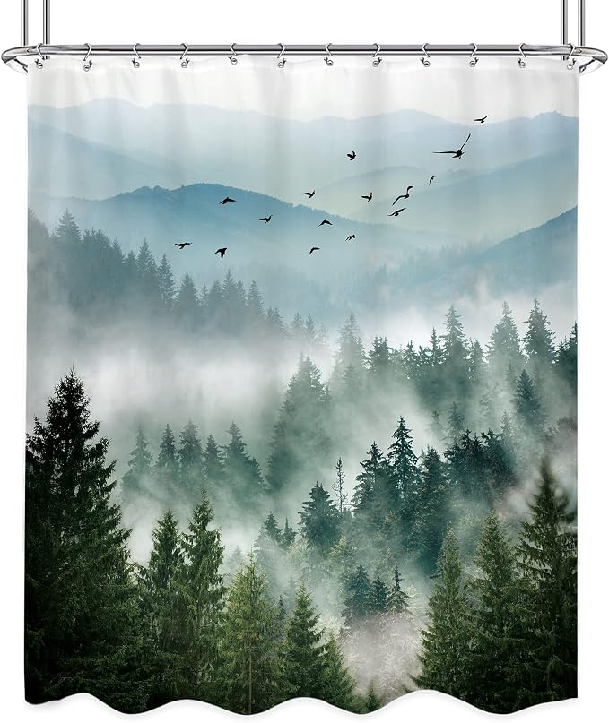 Green Mountain Shower Curtain Rustic Nature Rainforest Mens Shower curtain | Woodland Tree Waterproof Fabric Shower Curtain Bathroom Decor 12 Pack Hooks 60Wx72H Inch