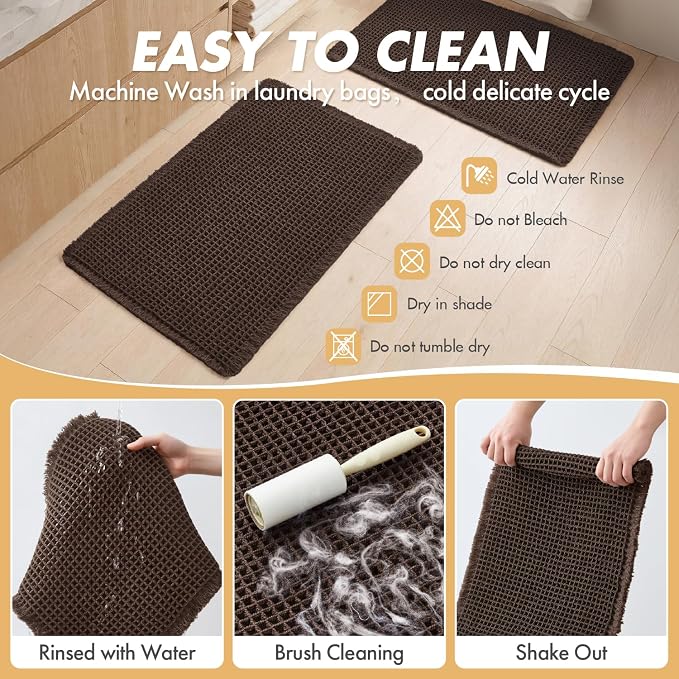 MIULEE Set of 2 Waffle Bathroom Rugs Boho Bath Mat Chocolate 18x30 Inch | Non Slip, Super Absorbent, Washable, Ultra Soft, Rubber Backed Bath Rugs for Bathroom Floor Tub Shower