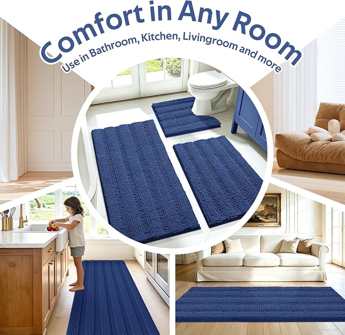 Striped Denim Blue Bathroom Rug Set 3 Pieces Ultra Soft, Non Slip Chenille Bath Carpet, Absorbent Plush Shaggy Bath Mats for Bathroom, Toilet, Bedroom, Kitchen