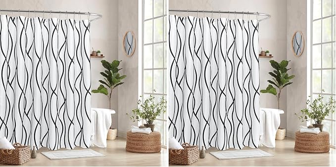 Biscaynebay Extra Long Textured Fabric Shower Curtain 72 W x 84 L, Black Printed Striped Linen Modern Hotel Luxury Quality Cloth Bathroom Curtains Machine Washable (Pack of 2)