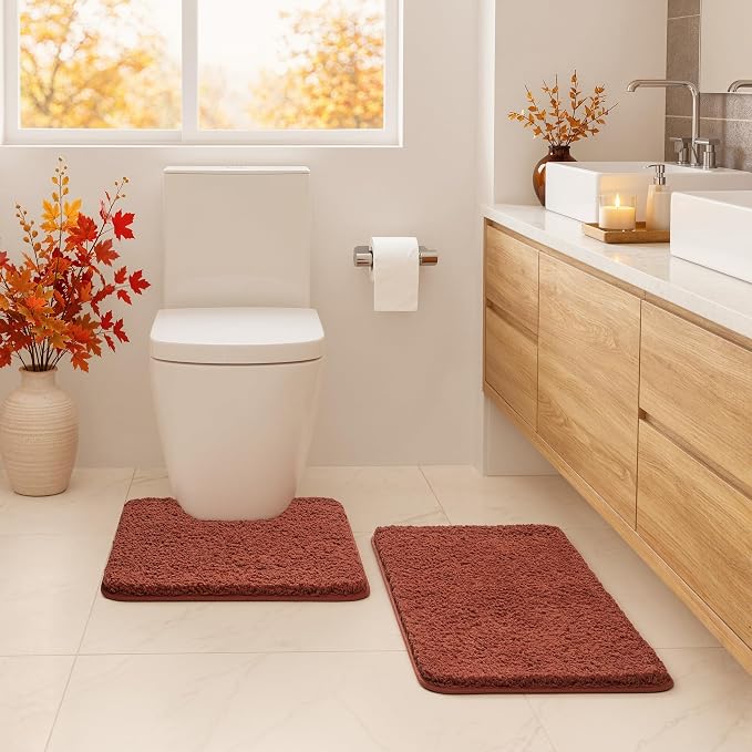 MIULEE Fall Rust Toilet Bathroom Rug U-Shaped Microfiber Bath Mat 20x20 in | Absorbent, Non Slip, Quick Dry, Fluffy Bath Rugs for Bathroom Floor Tub Showers, Machine Washable