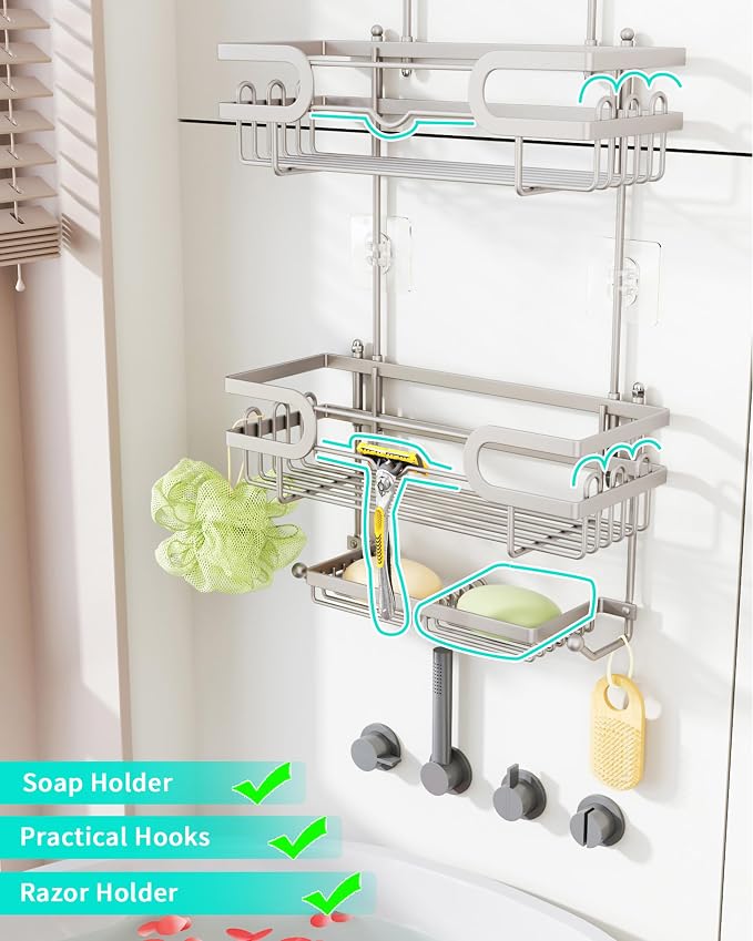 HapiRm Bathroom Hanging Shower Caddy - Rustproof Shower Shelf with 12 Hooks and 2 Soap Holders, No Drilling Bathroom Organizers and Storage - Brushed Nickel