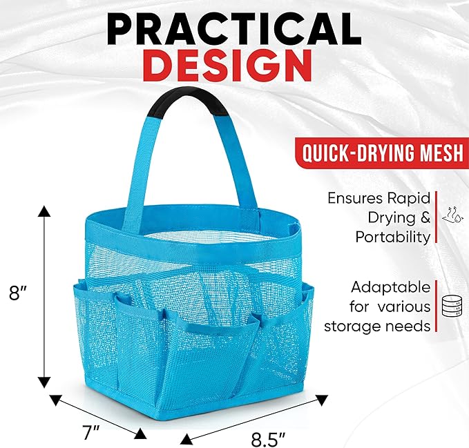 Masirs Mesh Shower Caddy – 9 Pocket Portable Shower Tote Bag for College Dorm Room Essentials, Quick-Dry Bathroom Organizer for Travel, Gym, Camping, Beach – Lightweight Collapsible Blue