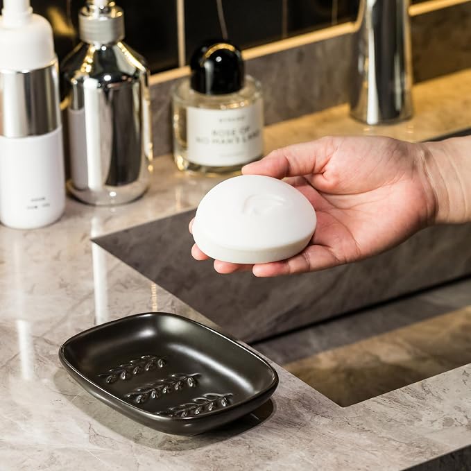 Miamolo Soap Dish for Bathroom, Bar Soap Holder for Shampoo Bars, Sponges | Raised Ridges Drain, Soap-Saving | Ceramic Soap Sver Dishwasher Safe, Fit 1-2 Large Bars | Bath Counter & Kitchen Sink, Black