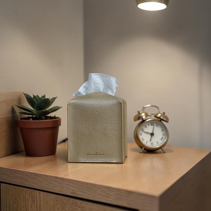 Premium PU Leather Tissue Box Holder - Elegant Hotel-Style Tissue Box Cover for Home, Office & Car Décor, Tissues Cube Organizer for a Natural & Classic Look (Gold)