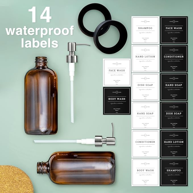 Vine Creations Amber Glass Soap Dispenser, 2 Pack Kitchen Soap Dispenser Set with Stainless Steel Pump, 16 oz Hand Soap or Dish Soap for Bathroom or Kitchen with Waterproof Labels
