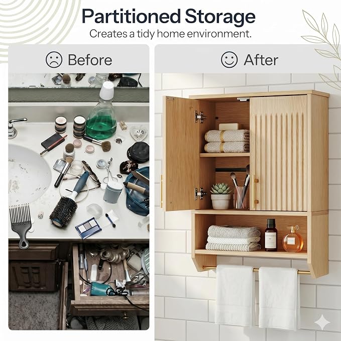 HOOBRO Narrow Bathroom Wall Cabinet with Towel Rack, Space Saving Medicine Cabinet for Small Spaces, Farmhouse Fluted Wall Storage Cabinet with Adjustable Shelf, Natural