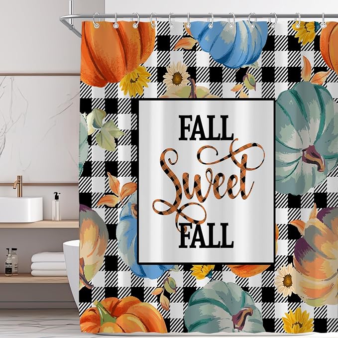 Fall Pumpkin Harvest Autumn Shower Curtain for Bathroom 72W*72H Inch Thanksgiving Rustic Black White Buffalo Plaid Maple Bathtub Autumnal Decor Waterproof Polyester Fabric Set with 12 Hooks