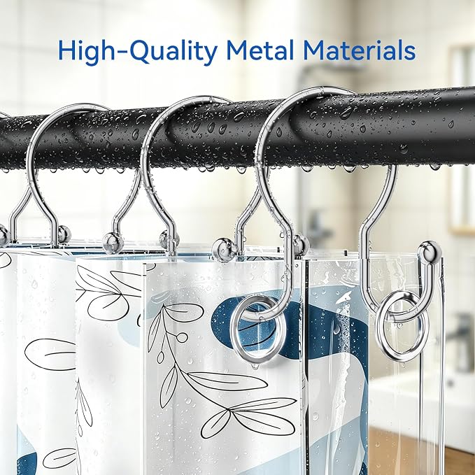 OEH Shower Curtain Hooks, 12 Pcs Minimalist Shower Curtain Rings, Metal Shower Curtain Hangers, Double Hook Silver Shower Curtain Hooks Rust Proof, Smooth Glide Shower Hooks for Shower Curtain, Chrome