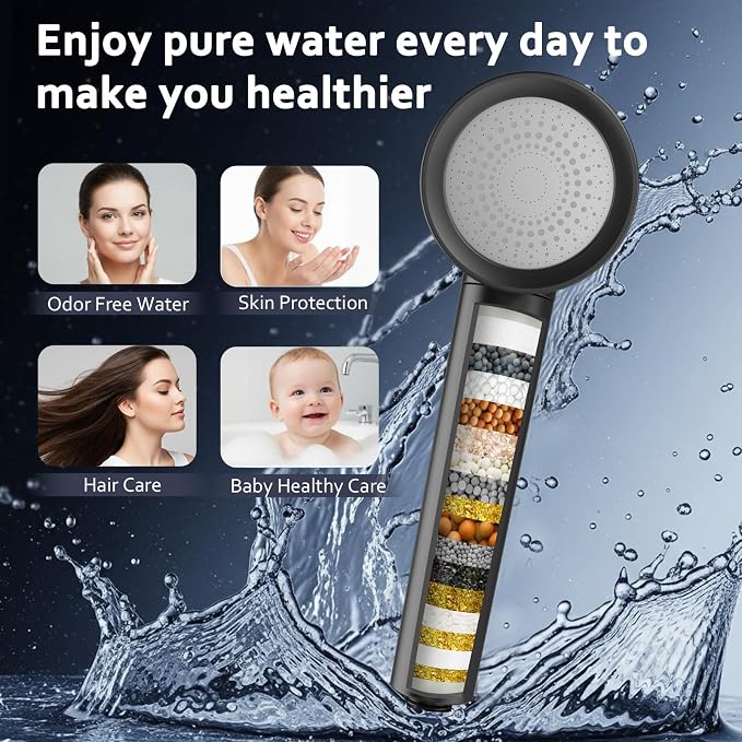 Filtered Shower Head with Handheld, High Pressure Water Flow and Multiple Spray Modes Shower Head with Filter, Power Wash for Hard Water, Showerhead with ON/OFF Switch for Pets Bath (Stone Gray) | 3 Spray,Silicone Massage Brush,Detachable Showerhead,Re...