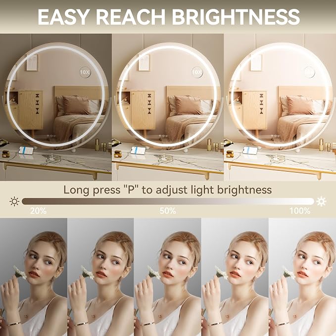 Hasipu Vanity Mirror with Lights, 27.6" LED Big Makeup Mirror, Lighted Makeup Mirror with Lights, Smart Touch Control 3 Colors Dimmable Round Mirror 360°Rotation White
