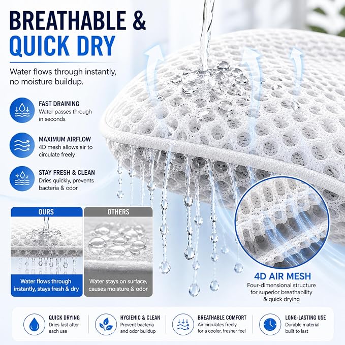 Bath Tub Pillow, Extra Thick Luxury Cushion with Strong Suction Cups for Head, Neck & Back Support, Breathable Spa Pillow for Relaxing Night Bath (White)