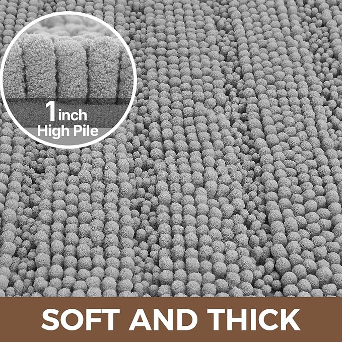 Bcoimo Bath Rug Mat,48x30 Chenille Non Slip Gray Long Bathroom Runner Rugs | Extra Soft Bathroom Floor Mats;Non Slip with Rubber Back Bath Mats;High Absorbent, Quick Dry Microfiber mat; Machine Washable