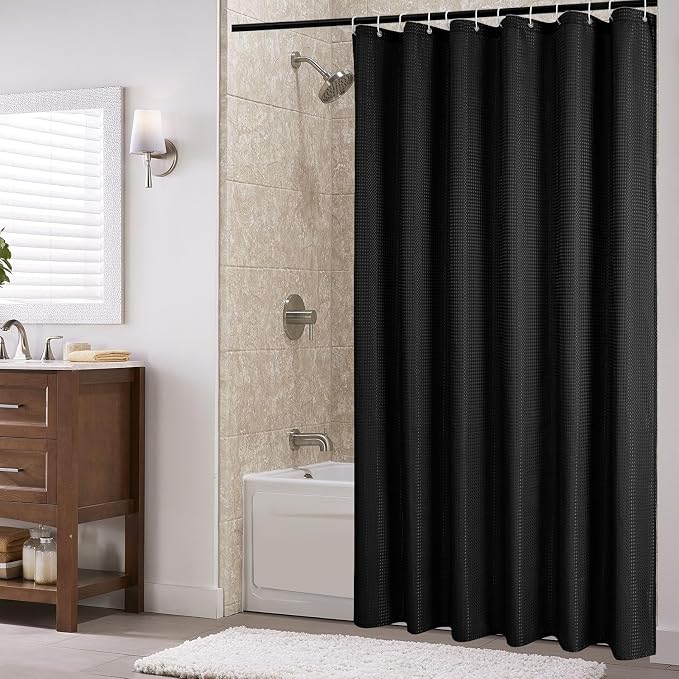 Small Stall Black Fabric Shower Curtain, 48 x 72 | Narrow Weave Textured Fabric Shower Curtain for Bathroom, Water Repellent, Machine Washable