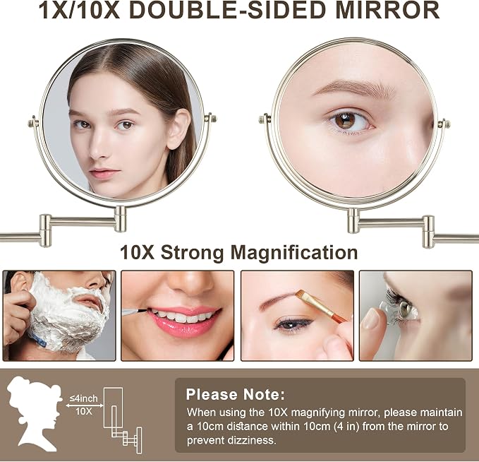JANEEVA 8" Wall Mounted Makeup Mirror, 1X/10X Magnifying Mirror with 360° Extendable Arm, Double Sided Bathroom Vanity Mirror for Man & Woman (Brushed Nickel)