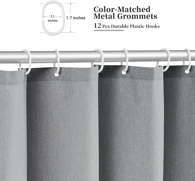 72x78 Boho Scalloped Linen Textured Cloth Shower Curtain, Grey/Gray | Long Size, 230GSM Waterproof Polyester, Heavy Duty Fabric, 12 Plastic Hooks, Elegant Modern Farmhouse Style, Machine Washable