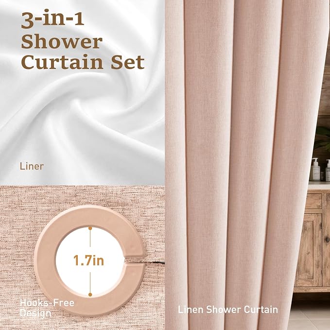 72x87 Ringless Linen Textured Shower Curtain with Snap in Liner, Blush | Extra Long Size, 3 in 1 Durable Fabric Shower Curtain, Removable Liner, Waterproof & Washable, Mesh Top Window, Easy Setup