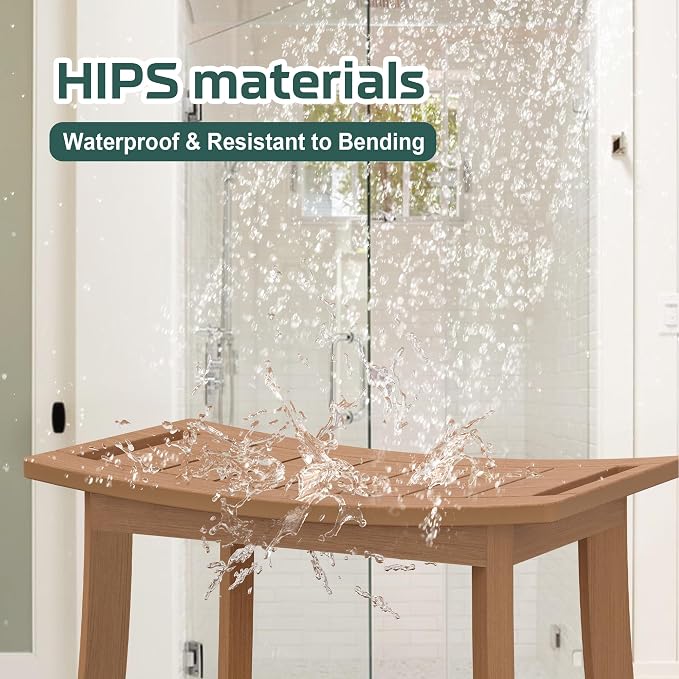 Waterproof HIPS Shower Bench for Inside Shower, Shower Stool, Brown | Ergonomic design, For seating and leg shaving, Wood-Look texture, Easy care, Storage shelf, Non-slip leveling feet, 400 lb