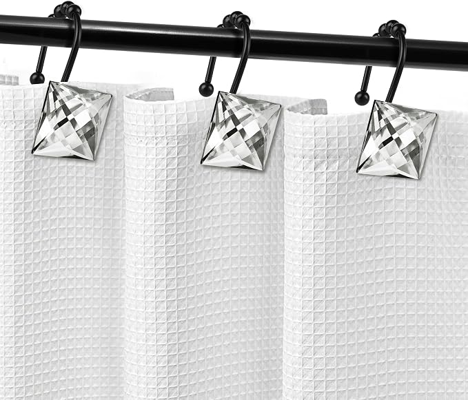 Sunlit Luxury Design Square Clear Diamond Crystal Gem Bling with Glide Balls Shower Curtain Hooks, Rust Proof Metal Rhinestones Glam Shower Curtain Rings with Black Hooks, Set of 12