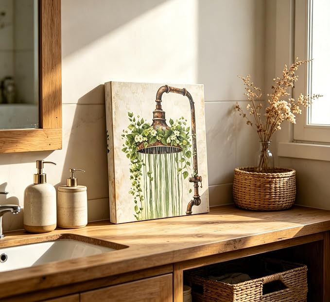 XcwDt is Vintage Rust Spray Head Canvas Wall Art,Shower Head Green Painting Print,Farmhouse Bathroom Botanical Nature Wall Decor,for Toilet Living Room Farmhouse Laundry Room 16 x 24 In