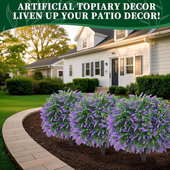 Artificial Boxwood Topiary Ball Lavender, Set of 4 UV Resistant | Fake Shrubs Bushes with Ground Spike, Faux Greenery Flower, Evergreen Fake Plants for Outdoor Indoor Front Porch Garden