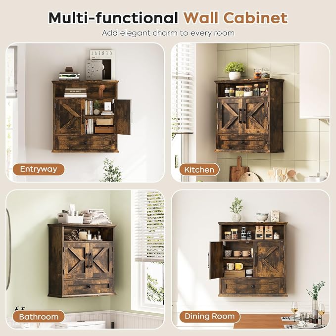 Bathroom Wall Cabinet, Wall Mounted Medicine Cabinet 24.4"H x 23.6"W x 9"D | With Drawer, Barn Doors & Adjustable Shelf, Rustic Brown Over Toilet Farmhouse Cabinet for Kitchen, Laundry Room, Entryway