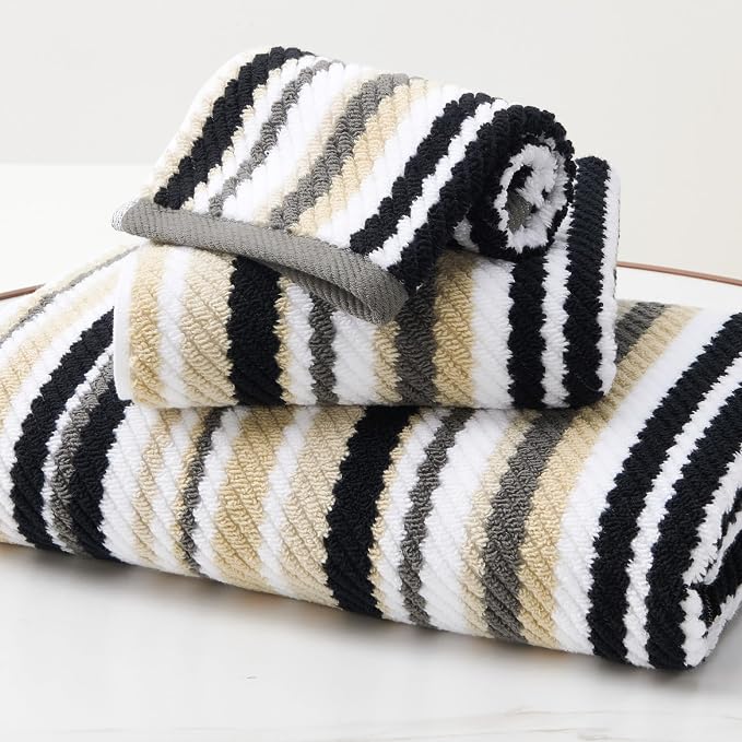 VOOVA & MOVAS Cotton Striped Towels 3 Pack, 100% Cotton, Black | Designed for Luxury Bathroom Use, 13x13, 16x27, 28x52 In, Quick Dry, Soft, Absorbent, Bath Towels with Hanging Loops