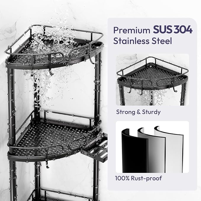 SWTYMIKI Corner Shower Caddy Standing - 3 Tier Rustproof Metal Shower Organizer Stand with Soap Holder and 4 Hooks, Freestanding Floor Shower Storage Stands for Bathroom, Black