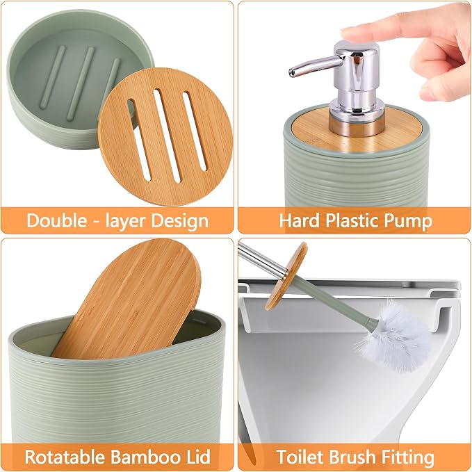 10 PCS Green Bathroom Accessories Set with Trash Can Bathroom Accessory | All-in-One Kit with Trash Can,Toothbrush Holder,Soap Dispenser,Toothbrush Cup,Vanity Tray,Soap Dish,Toilet Brush etc for Home