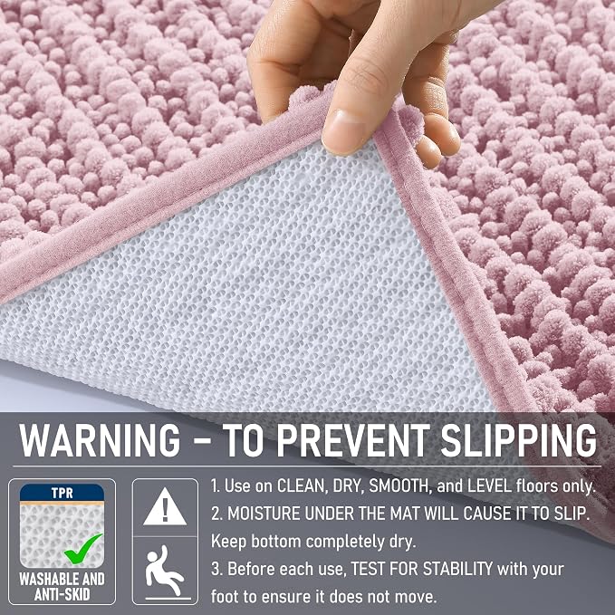 OLANLY Large Bathroom Rugs 59x35, Thick Soft Absorbent Chenille Bath Rugs | Dusty Rose, Quick-Drying Rubber Backing, Shaggy Bath Mat, Machine Washable for Floor, Tub and Shower, Home Decor Accessories