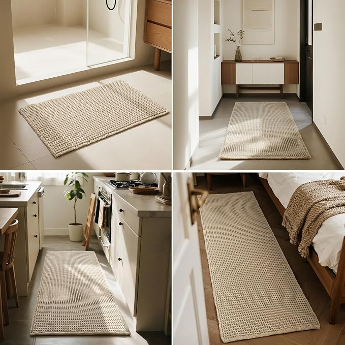 Triohero Waffle Bath Mat, Boho Bathroom Rugs Non Slip Washable, Ultra Soft Super Absorbent Quick Dry Farmhouse Bathroom Decor, 24" x 48", Pale Beige