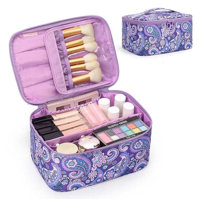Makeup Bag - Portable Large Capacity Travel Cosmetic Case for Women with Handle and Divider Toiletry Organizer for Girls on the Go -Purple