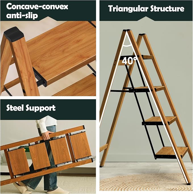 Taranta 4 Step Stool Foldable,Aluminum Step Ladder-Woodgrain | Lightweight,Wide Anti-Slip Pedals,Folding Step Stool,330lbs Capacity Stepladder for Household,Kitchen,Office