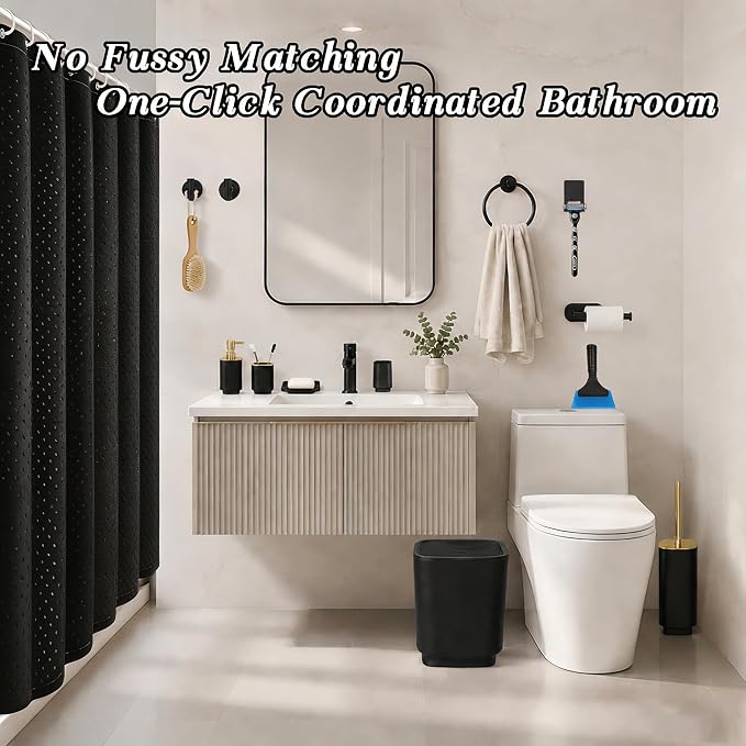 Bathroom Accessories Set with Shower Curtain Hooks, Black & Gold | 14Pcs Bathroom Sets with Trash Can, Toilet Brush, Soap Toothbrush Holder Set, Squeegee, Towel Ring, Razor/Toilet Paper Holder