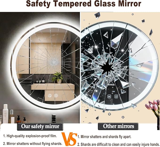 LTFUUAI 24" Round LED Bathroom Mirror with Lights, Front & Back Light | Lighted Bathroom Mirror, Touch 3-Color Stepless Dimming, Wall Mounted, Anti-Fog Shatterproof, UL Listed