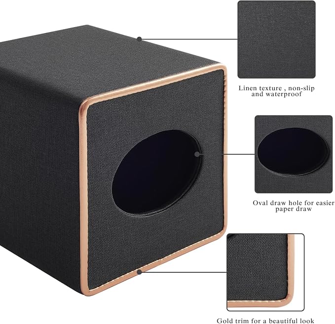 Linen Square Tissue Box Cover,Cube Tissue Box Holder－Excellent Rosegold Leather Decoration,Table Napkin Case Dispenser,Facial Tissues Organizer with Magnetic Bottom for Home Office Car(Black)