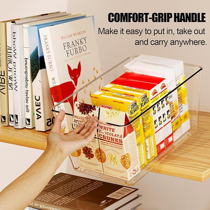 4 Pack Large Clear Plastic Storage Bins, Kitchen &Pantry Organizer | Heavy-duty 450g BPA-free PETG containers with handles for fridge, under-sink, bathroom, office, closet, and garage storage