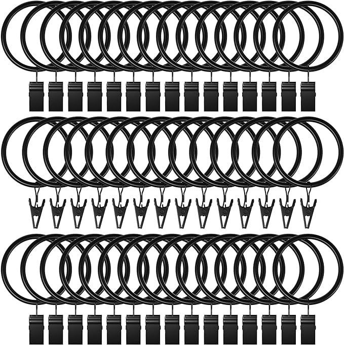 Lansian 72 Pack Curtain Rings with Clips Hooks 1.26 in Diameter Rustproof | Matte Metal Stainless Steel Drapery Rings for Tension Rod Bracket Eyelets Decorative Hanger, Fits 1 in Rods, Black
