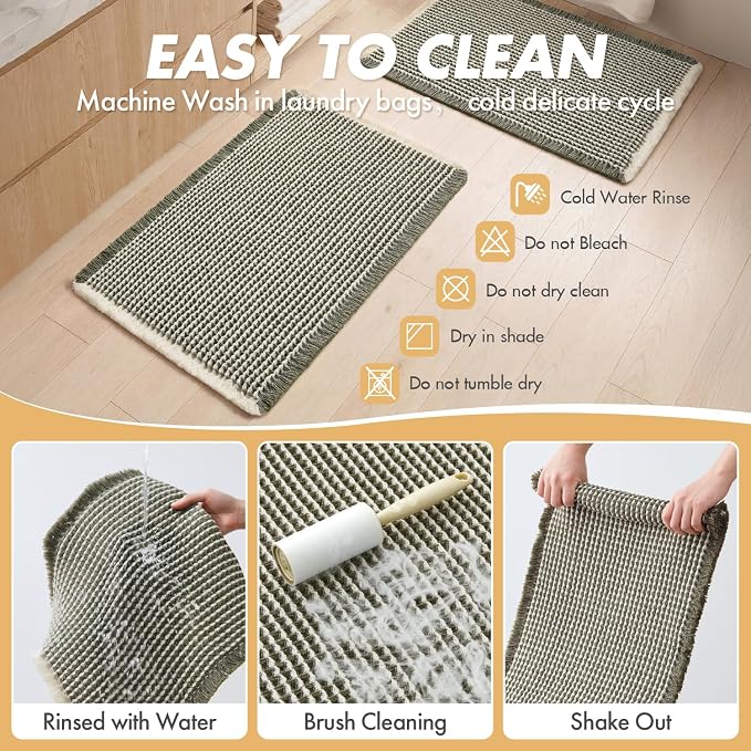 MIULEE Set of 2 Waffle Bathroom Rugs Green&Cream Bath Mat 17"x24"+20"x47" | Non Slip, Super Absorbent, Washable, Ultra Soft, Rubber Backed, Small Boho Bath Rug and Bathroom Runner for Floor Tub Shower