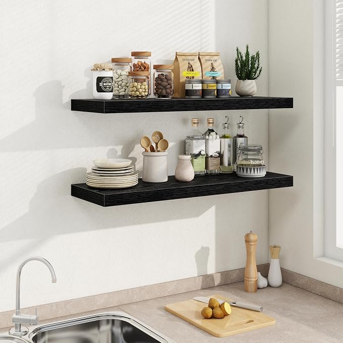 Fun Memories Black Floating Shelves 36 Inch Long, 9.3 Inch Deep Floating Shelf 2 Pack for Wall Bathroom, Living Room, Kitchen, Large Long Wall Shelves with Heavy-Duty Bracket for Books Decor