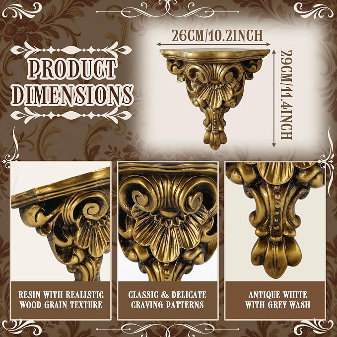Pinkunn 11" Vintage Antique Gold Floating Wall Bracket | French Country Fleur De Lis Victorian Baroque Floating Shelf, Gothic Decorative Bracket for Living Room, Bedroom & Entryway