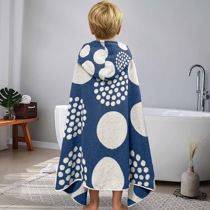 VOOVA & MOVAS Kids Hooded Towel, 3-8 Years, 100% Cotton, Dark Blue Dot | Classic Dot Jacquard Craft, Powerful Absorbency, Multi-Scene Use for Bath, Beach, Pool and Swimming