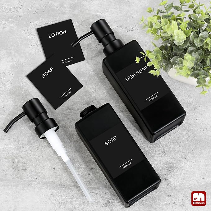 GMISUN Black Soap Dispenser, Hand Soap Dispenser Bathroom, 12 fl oz/350ml Glass Soap Dispensers with Stainless Steel Pump, Refillable Liquid Dish Dispensers for Kitchen, Modern Soap and Lotion Bottle