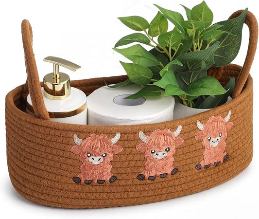 Vesici Highland Cow Storage Basket for Toilet Tank, Cotton Rope Bathroom | Farmhouse Decor Organizer with Handle, Holds Toilet Paper Rolls, Tank Top and Countertop Storage, 13x6x4 Inch