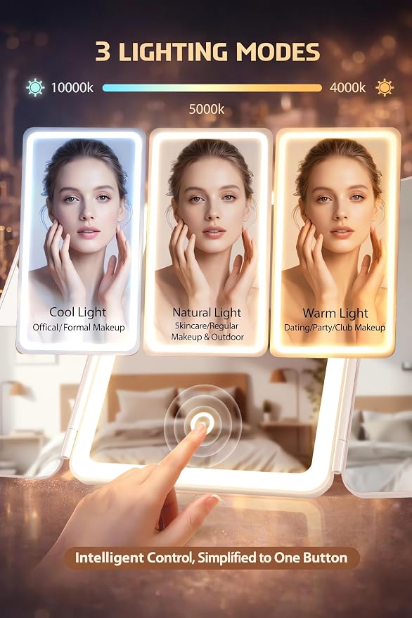 Lupow Lighted Makeup Vanity Mirror, 4 Magnifications, Rechargeable, Trifold | 1X/2X/3X/10X Views, Seamless Light Strip, Dimmable 3-Color Lighting, 2000mAh Battery, Height Adjustable, Gift For Women