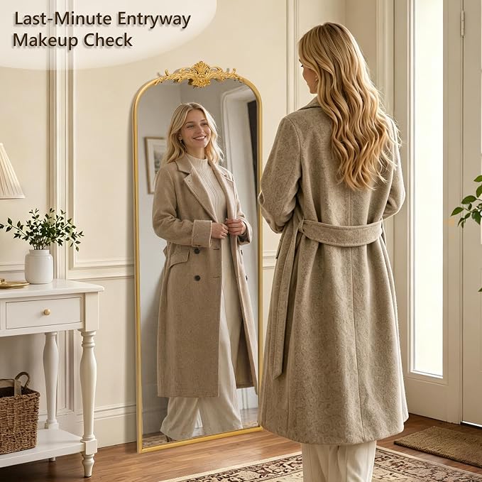 Besdomus Vintage Mirror Full Length: 21"x56" Gold Long Arched Body Mirrors | French Floor Standing Metal Framed - Antique Baroque Traditional Ornate - Ideal for Foyer/Cloakroom/Bedroom/Dressing Room