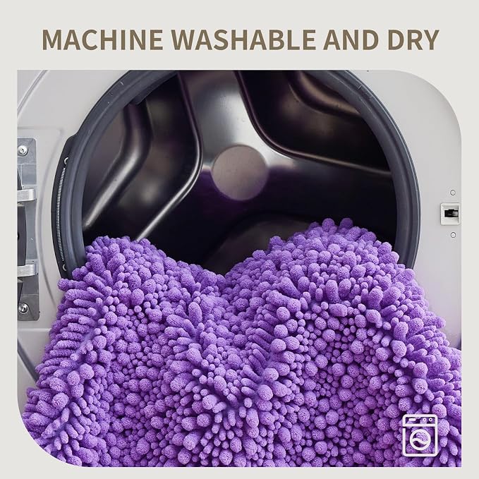 Bathroom Rugs Non Slip Washable 60x24, Extra Thick Soft Chenille Absorbent Bath Mat, High Density Barrier Non Slip Backing, Quick Dry Plush Shaggy Floor Carpet for Tub&Shower, Purple